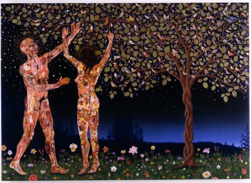 figure of a man and woman reaching up to a tree branch