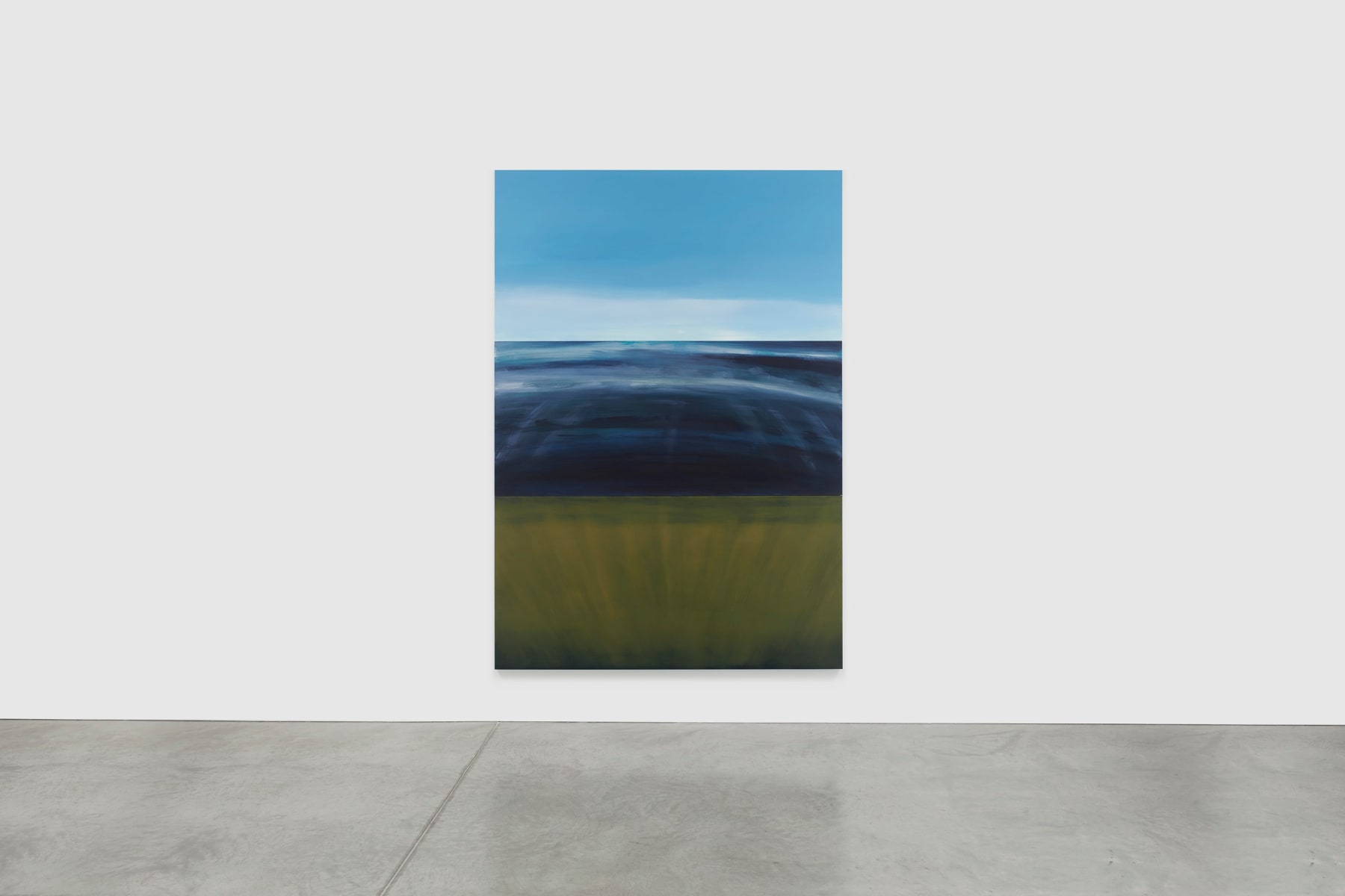 A three sectioned abstract painting depicting the light blue sky, the ocean in a dark blue color, and the ocean in yellowish green color