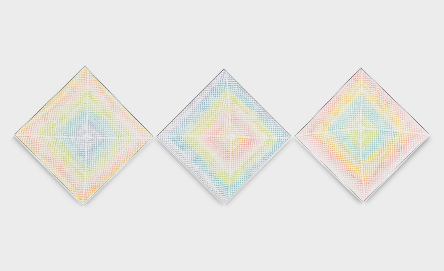 Image of an untitled 2023 artwork by Michelle Grabner consisting of three diamond-shaped canvases with Acrylic sizing, flock, and gesso