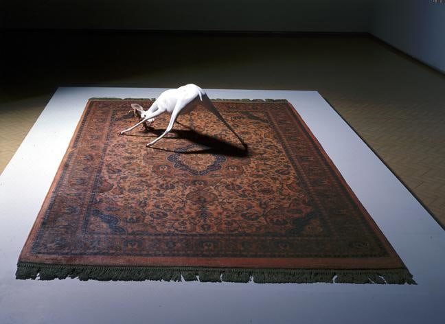 a deer struggling to stand in the middle of a carpet