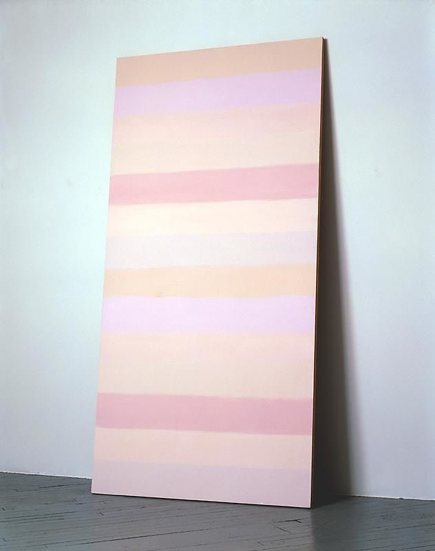 A tall panel painted with 14 stripes of various pink and purple