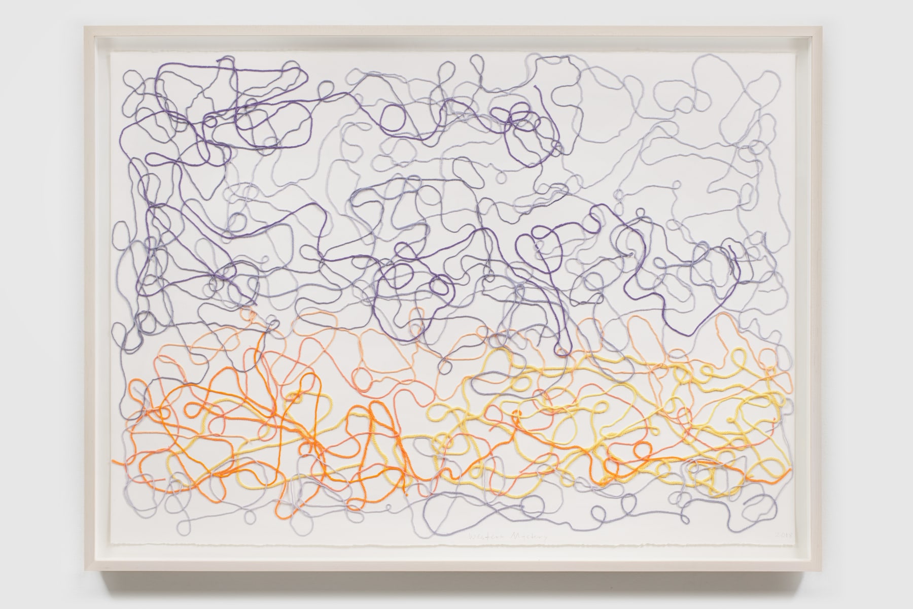 grey orange, yellow, and purple Yarn Collaged on Paper