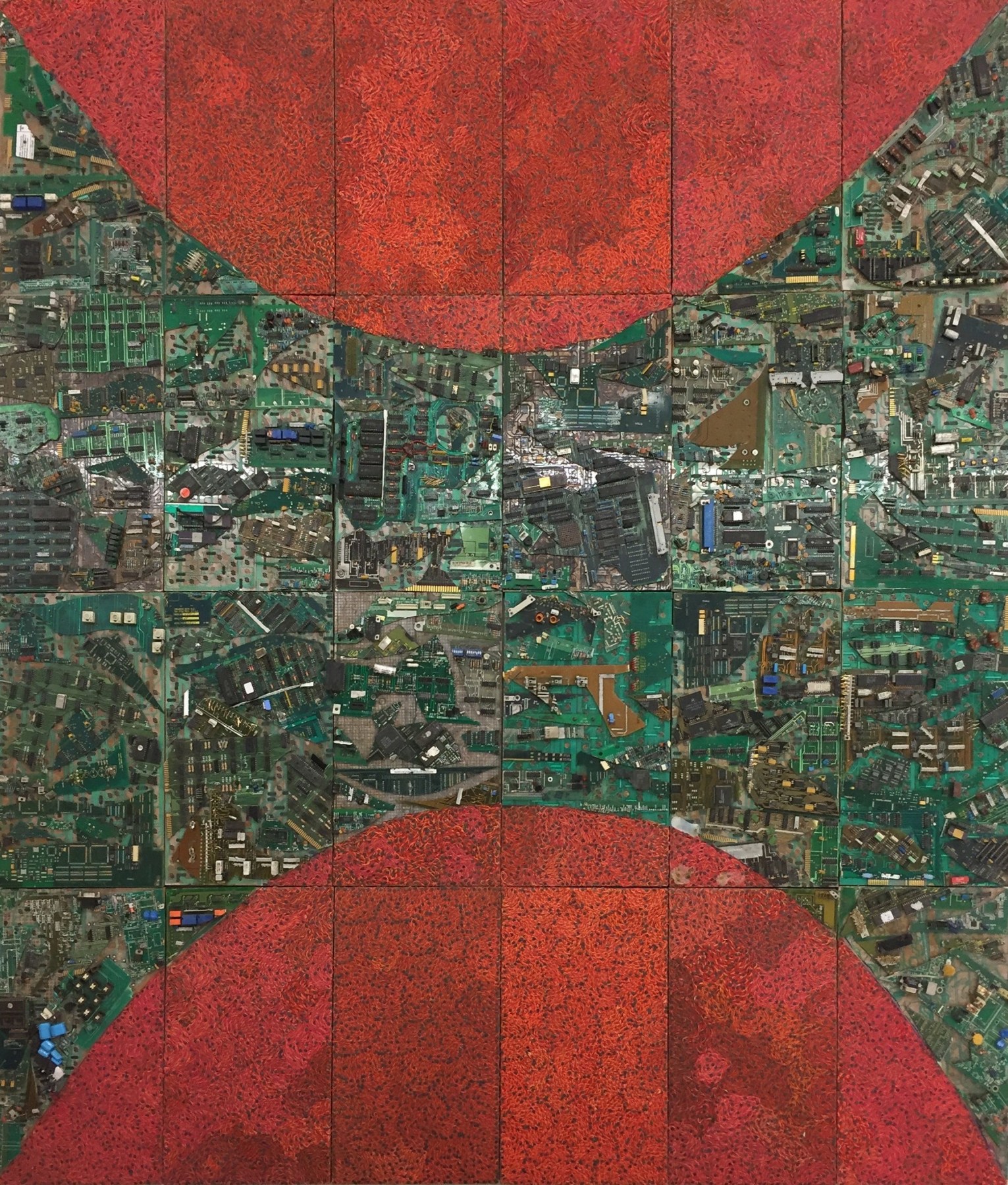 red semi-circles on two ends of the canvas with a green middle, all composed of electronic components