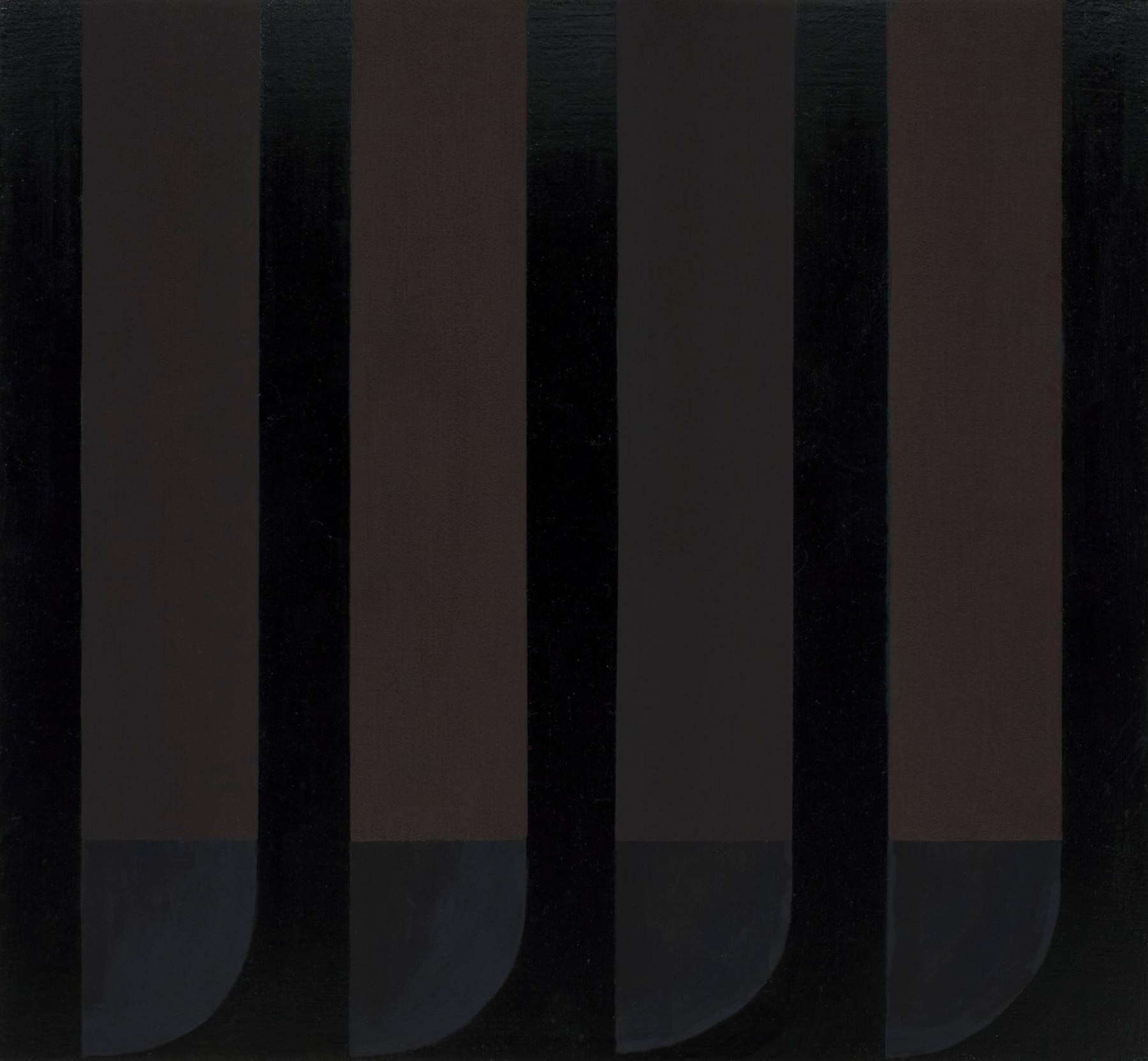 Abstract painting with five black vertical streaks evenly spread out on the panel