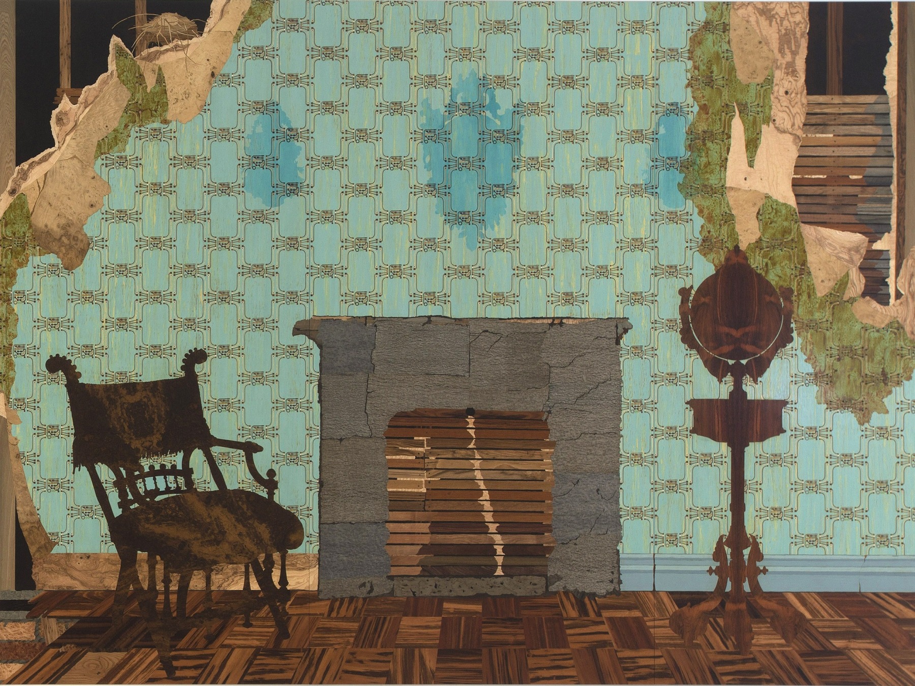 abandoned home interior with peeling wallpaper, water stains, and a boarded up fireplace; a wooden chair and mirror decorate the space