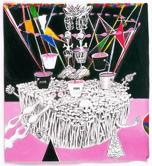 a mass of bones rising from pink liquid with a boney body suspended in air, surrounded by a ring of pink droplets and strings leading to buckets full of pink liquid