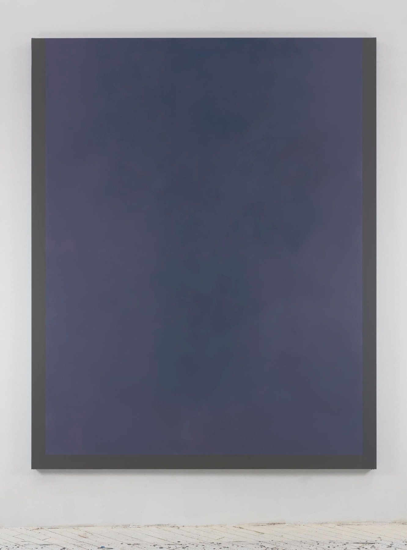 A painting with major portion of hazy blue and three stripes of dark grey around perimeter