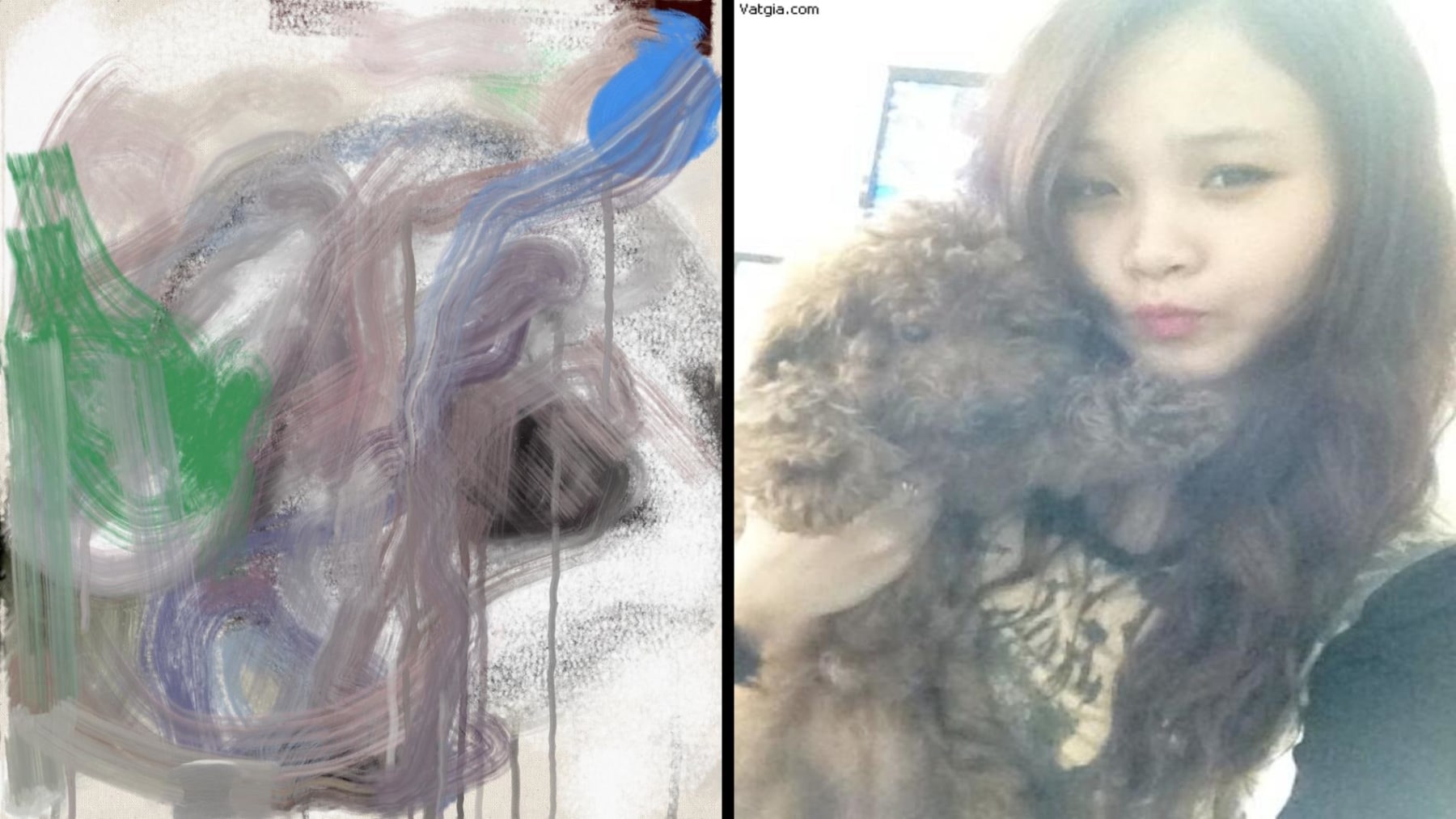 abstract painting next to a picture of a girl holding a poodle