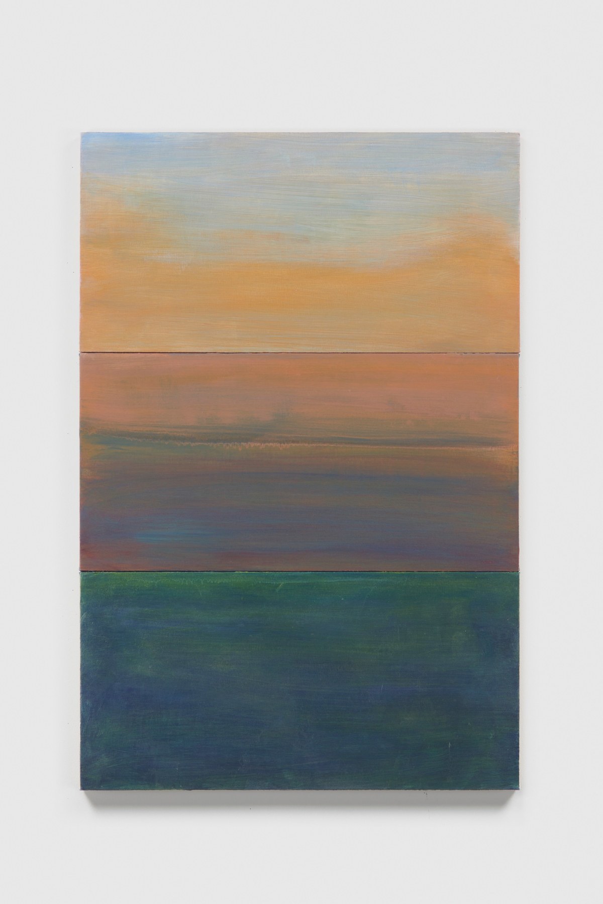 A three sectioned painting depicting the sunset in baby blue and orange, the ocean in pink and an abstract pattern in dark green