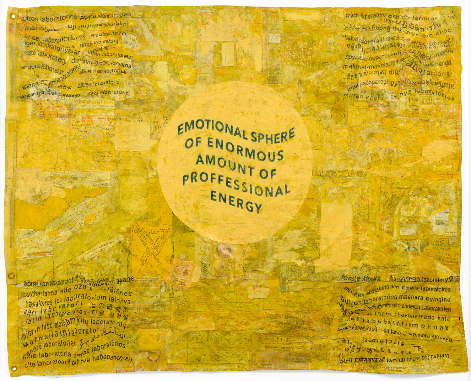 Disteressed, collaged yellow paper with text over it by SIMON EVANS&trade;.