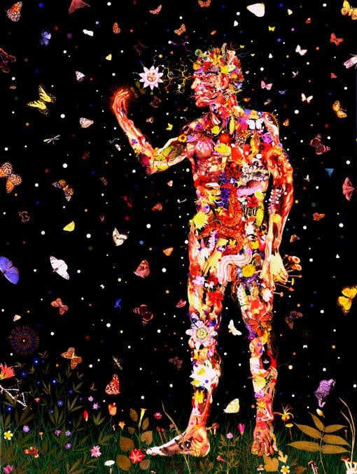 man composed of multiple flowers and colorful objects holding up a flower