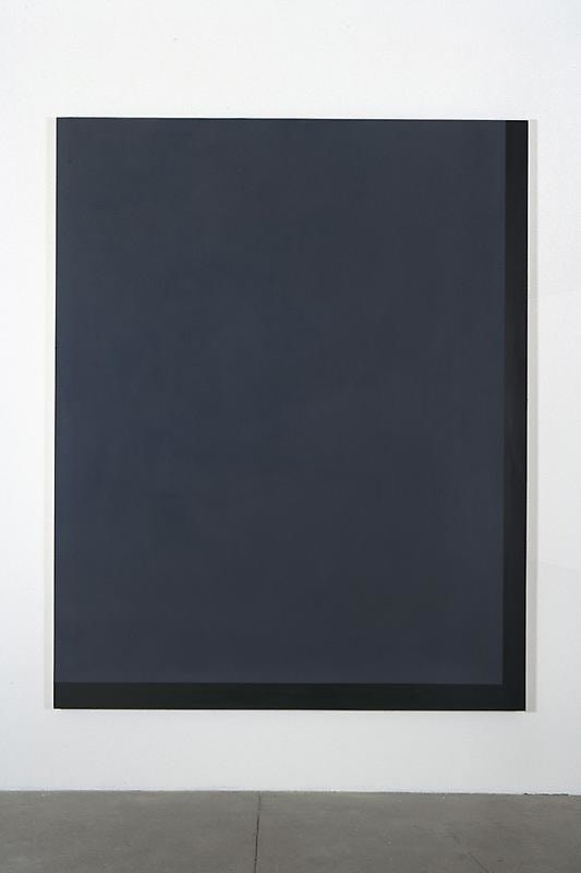 A painting with major portion of dark grey and two stripes of black on the bottom and right edges of the canvas