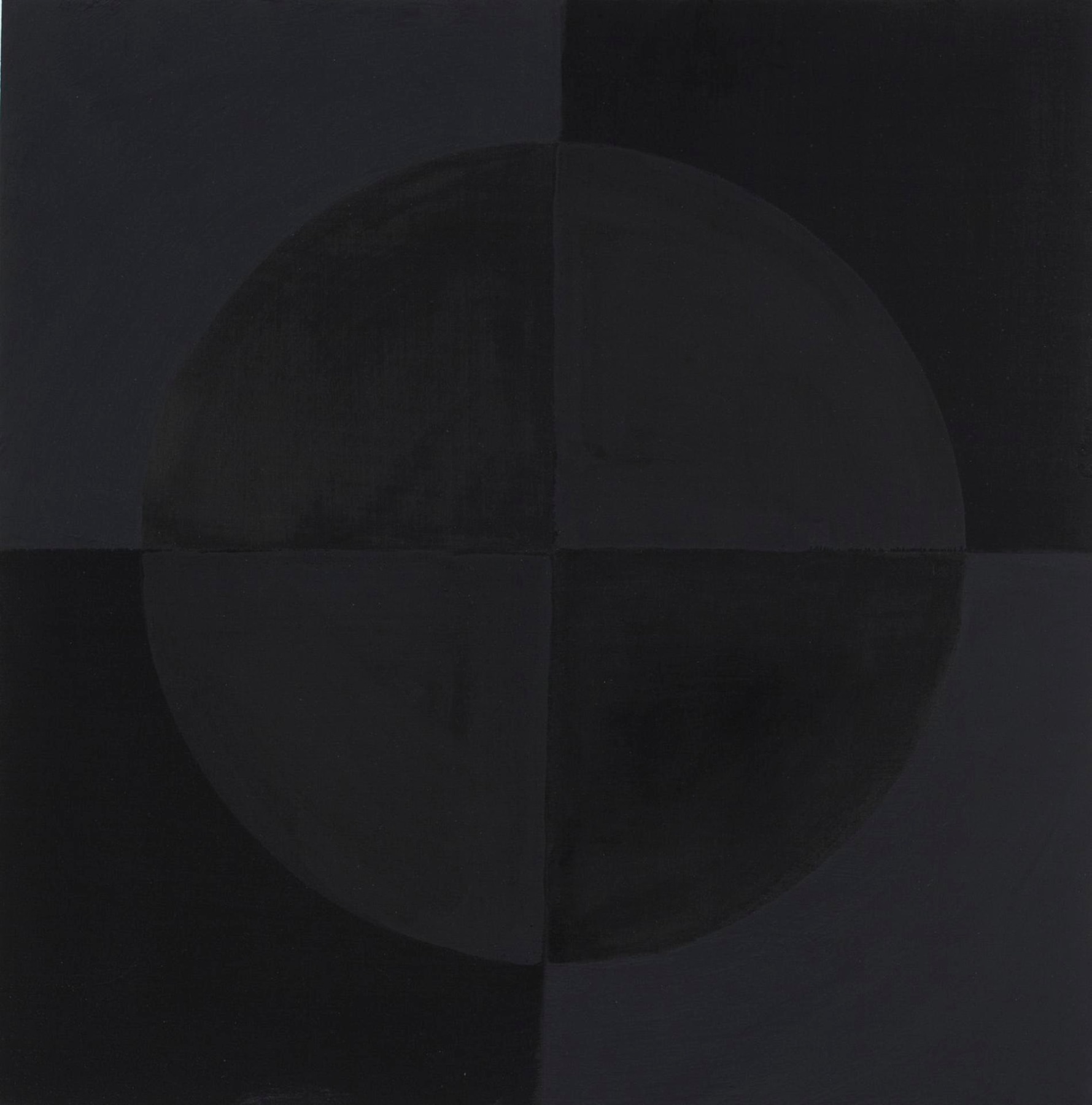 Abstract painting divided into four squares with a circle in the middle