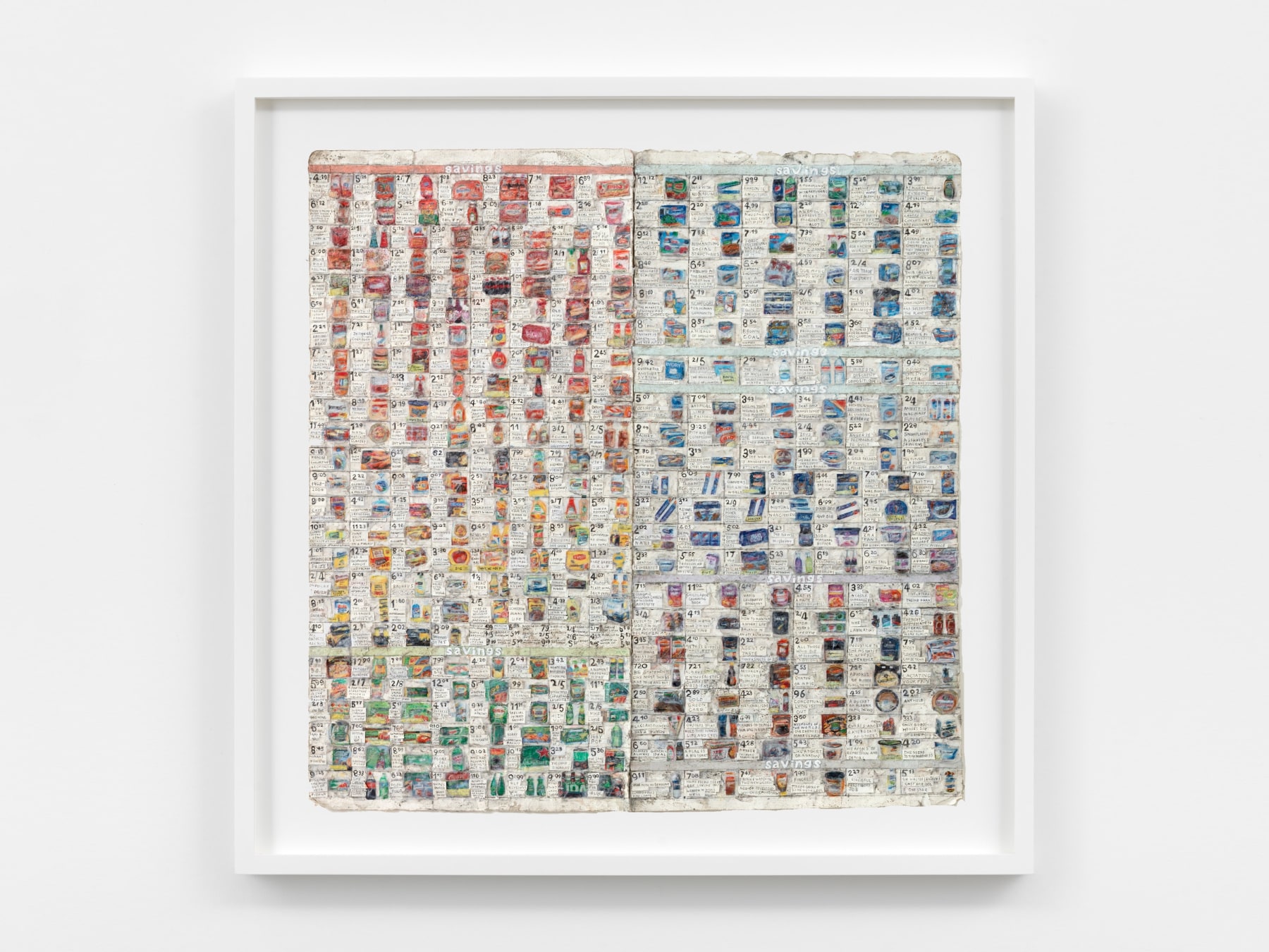 Mixed media piece depicting household items and their corresponding prices organized by color by SIMON EVANS &trade;.