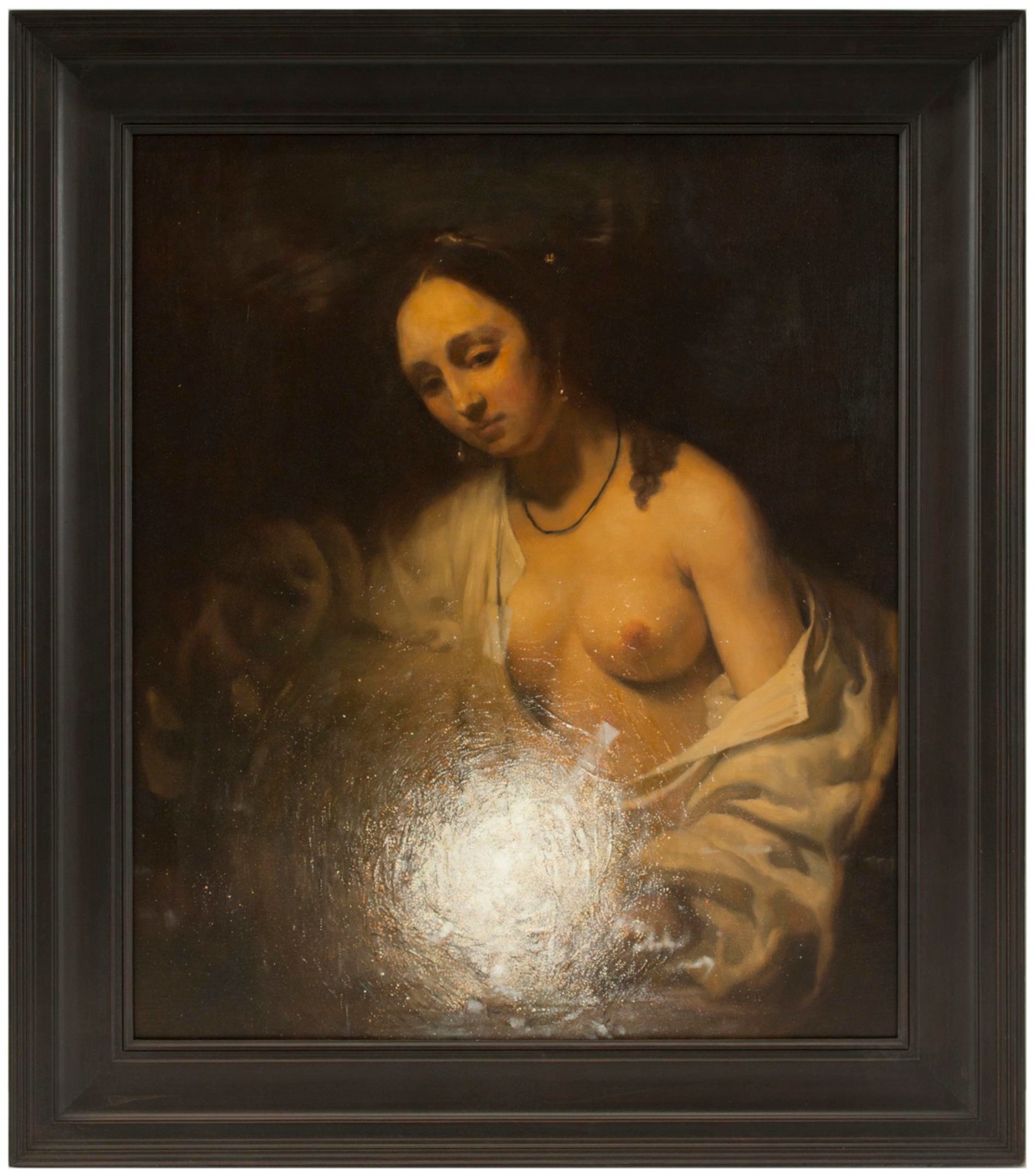 classical style painting with a near naked woman holding an object emitting a great source of light
