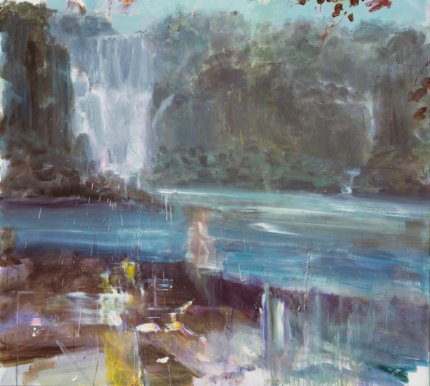 faded, dreamy landscape with a river and waterfall with a figure in the center