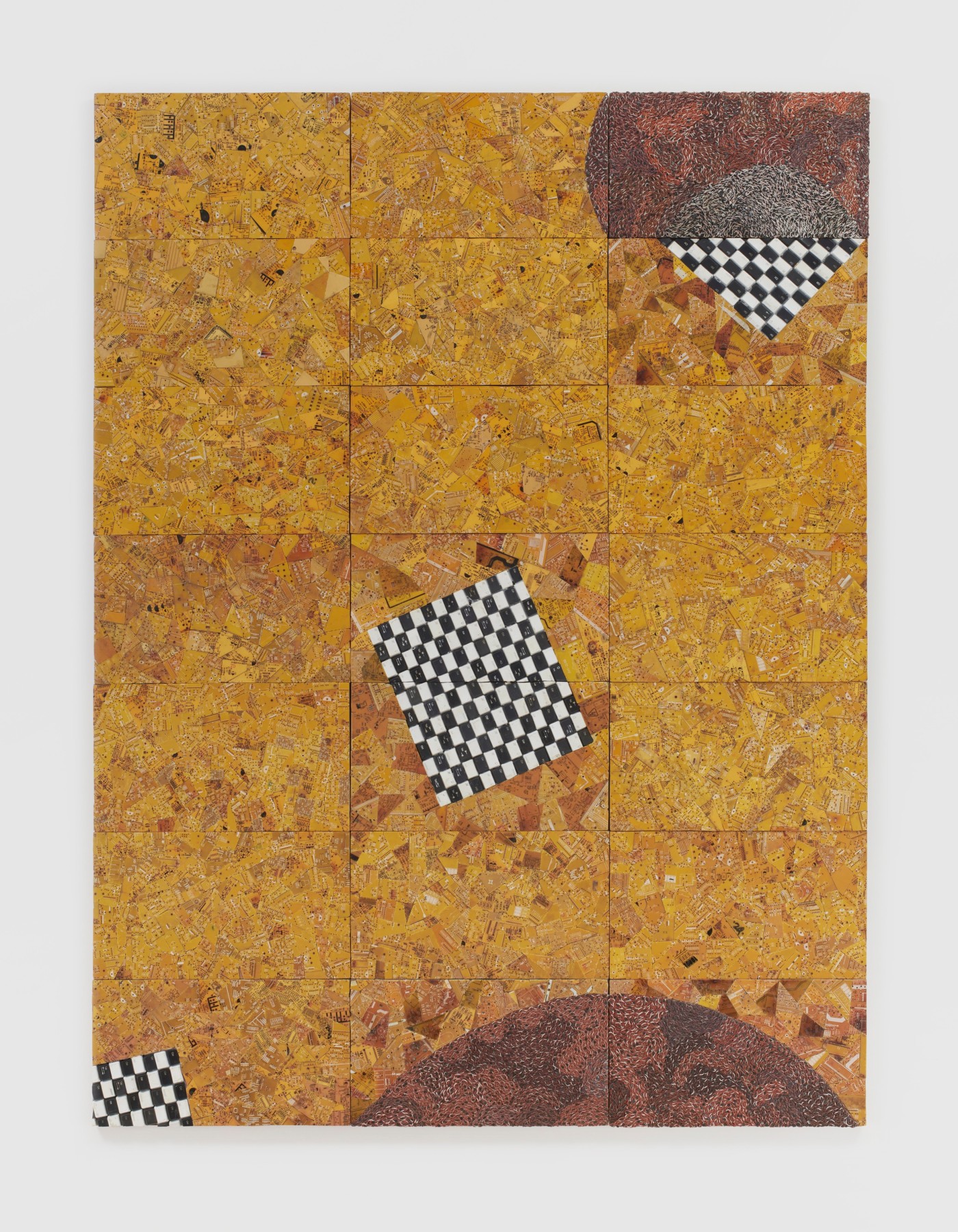 Yellow and checkered surface composed of reclaimed electrical wires and components