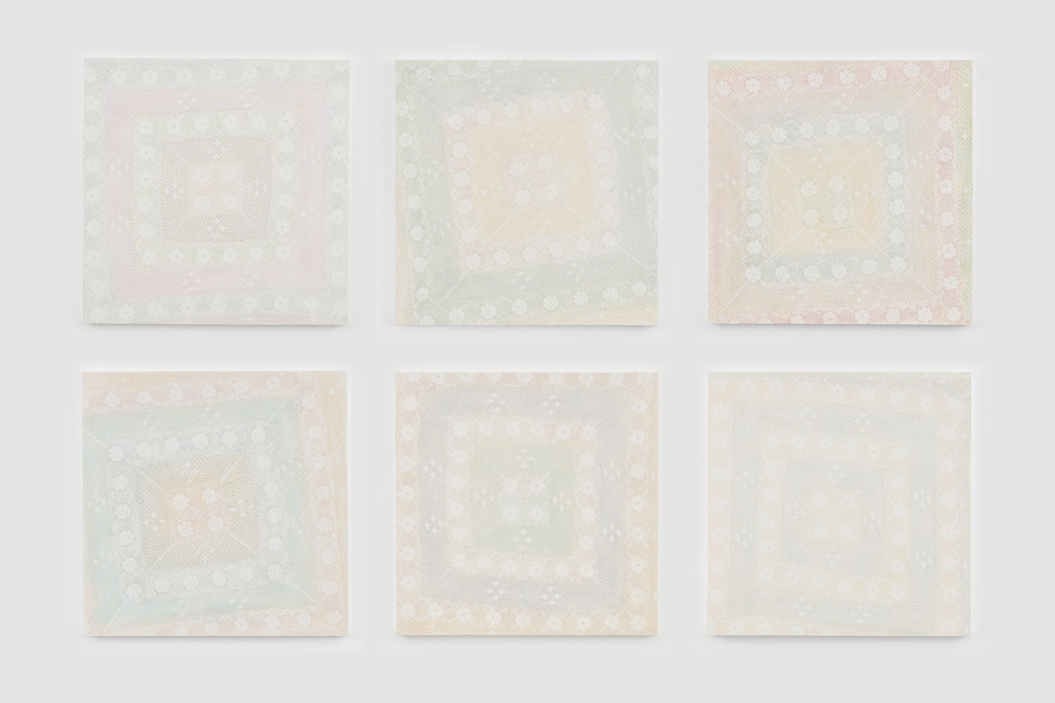 Image of an untitled 2023 artwork by Michelle Grabner made of six canvases with Acrylic Gouache and gesso