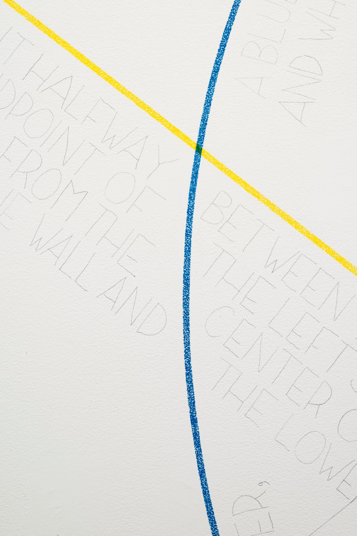 straight, yellow line and a curved, blue line with text surrounding it drawn directly on the wall
