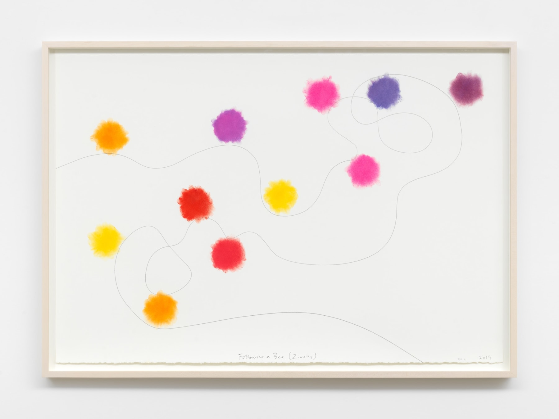Colored Pastel dots and a single pencil swirl on paper
