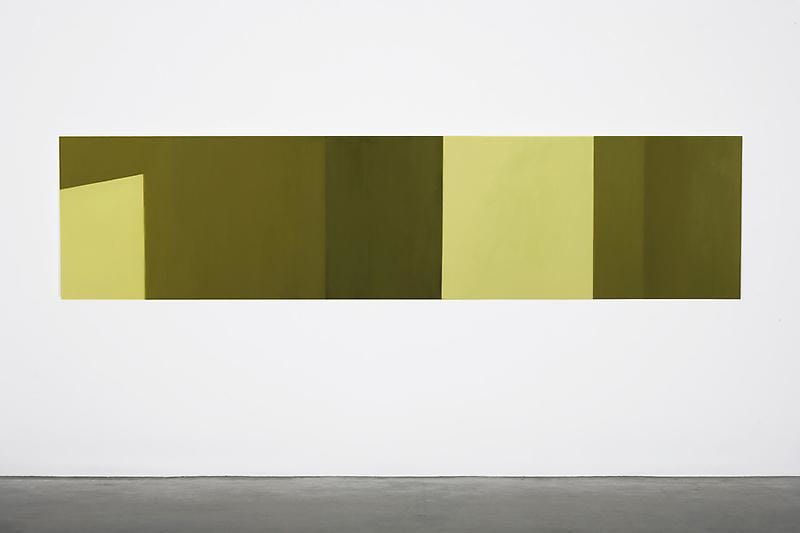 Large horizontal panel painted in varying shades of green