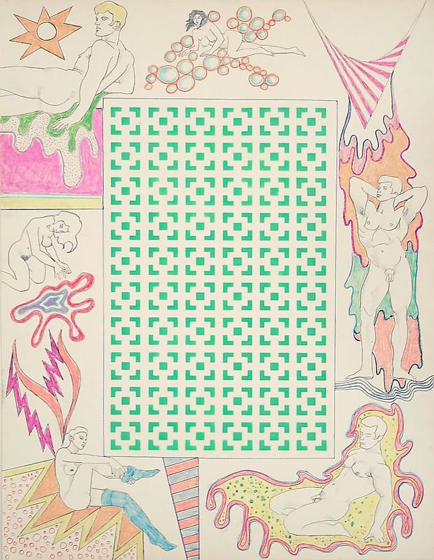 Image of ROBERT SMITHSON's Untitled [Green vertical square maze and woman with stockings], 1964