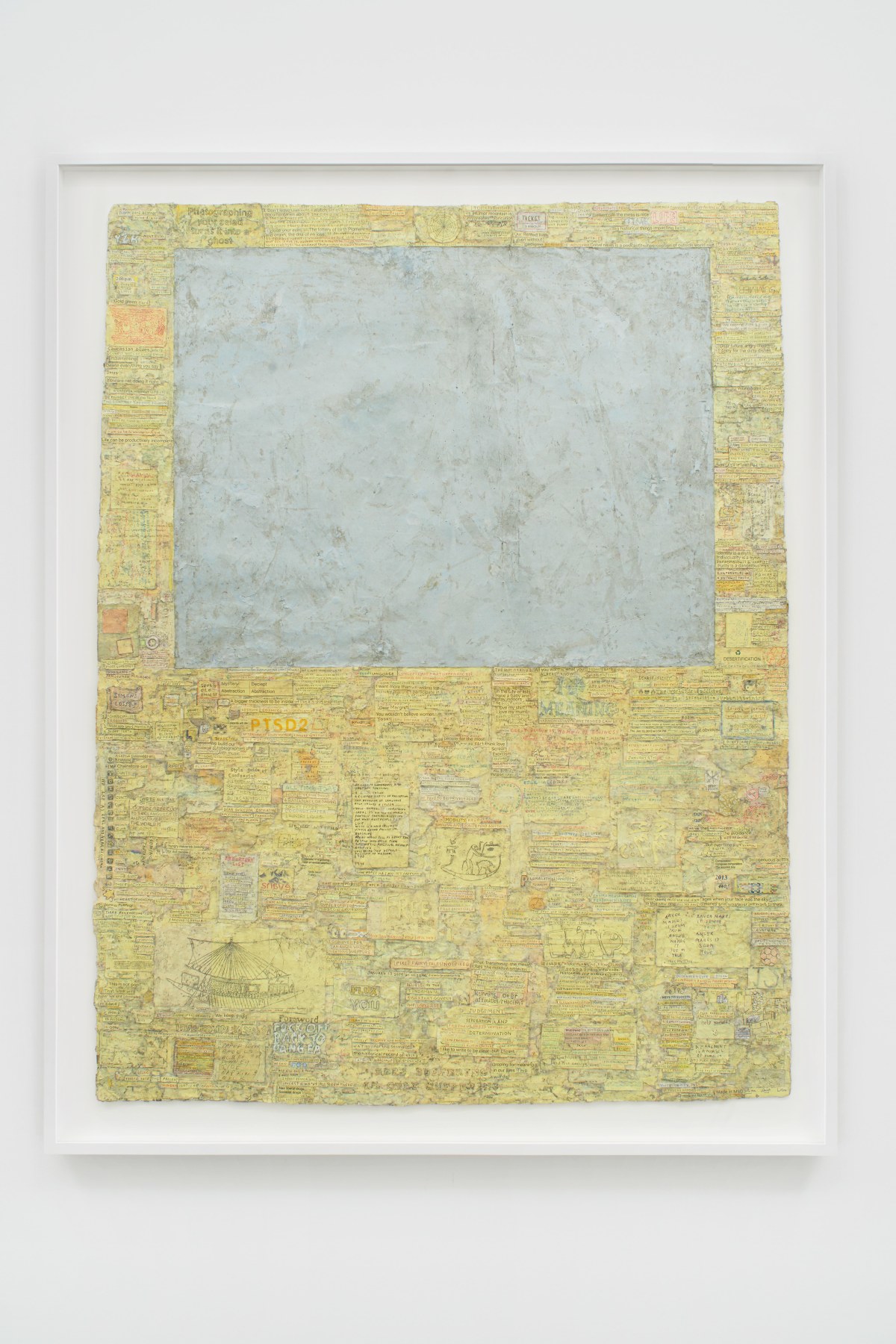 Grey square set into pale yellow field of text handwritten on strips of paper by SIMON EVANS&trade;.