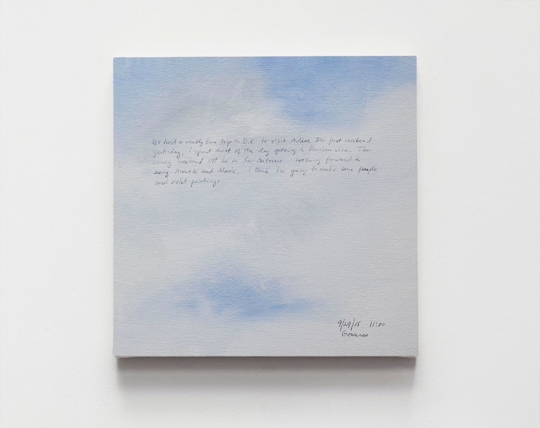 A baby blue cloudy sky with a handwritten paragraph
