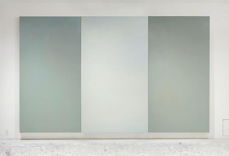 Abstract painting divided into three sections of different greenish blues