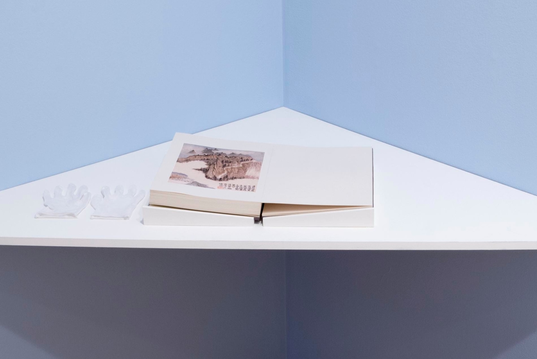 open book in a corner table with gloves set beside it