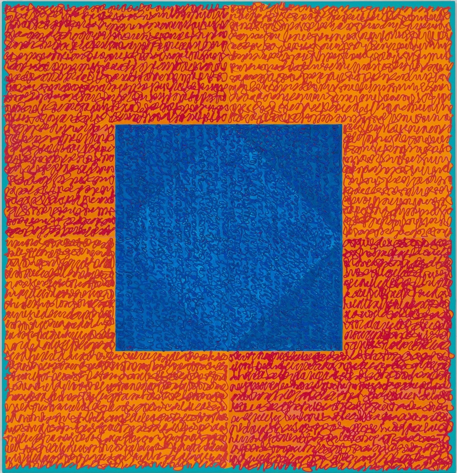 Louise P. Sloane, Sizzler, 2017, Acrylic paints and pastes on aluminum panel, 46 x 44 inches, four rectangles and a central square (blue and orange) with personal text written in red-orange over the squares to create three dimensional texture. Louise P. Sloane has been creating abstract paintings since 1974. Her works focus on geometric forms while celebrating color and texture.