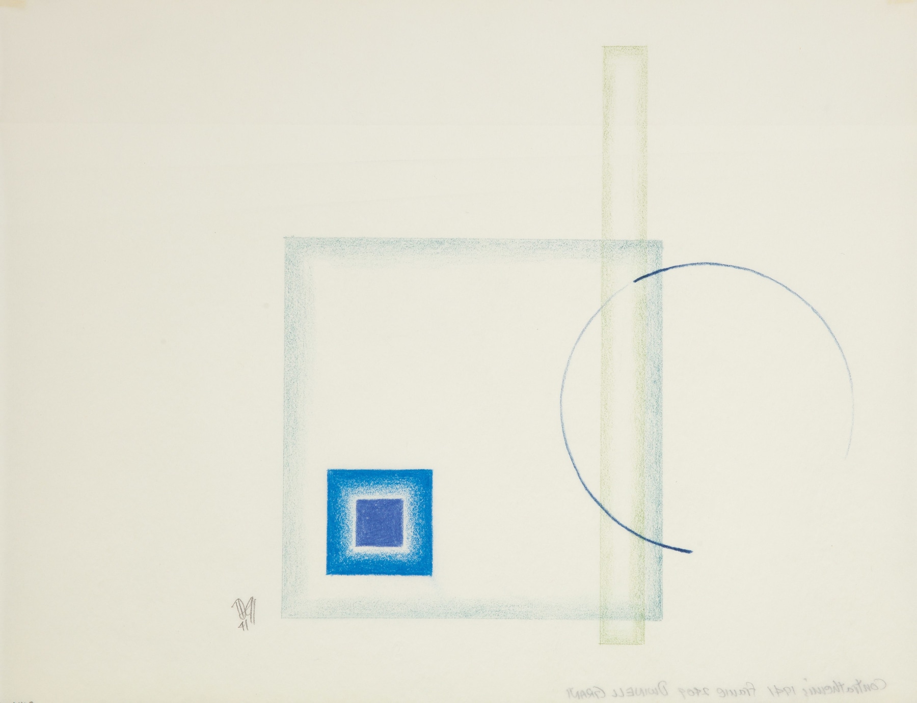 Dwinell Grant, Contrathemis Frame 2409, 1941,  Colored pencil on tracing paper, 8 x 10 1/2 inches, 3 blue squares, and one vertical sphere. Dwinell Grant made experimental modernist and constructivist films and paintings.