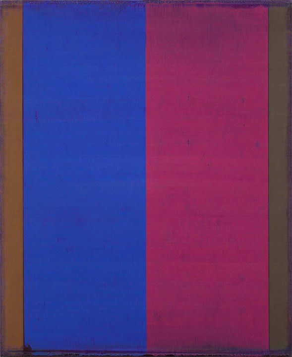 Steven Alexander, Reverb 19, 2017, Oil and acrylic on canvas, 22 x 18 inches, Signed and titled on the verso, Vertical rectangles in cobalt blue and magenta with brown border, Steven Alexander is an American artist who makes abstract paintings characterized by luminous color, sensuous surfaces and iconic configurations.