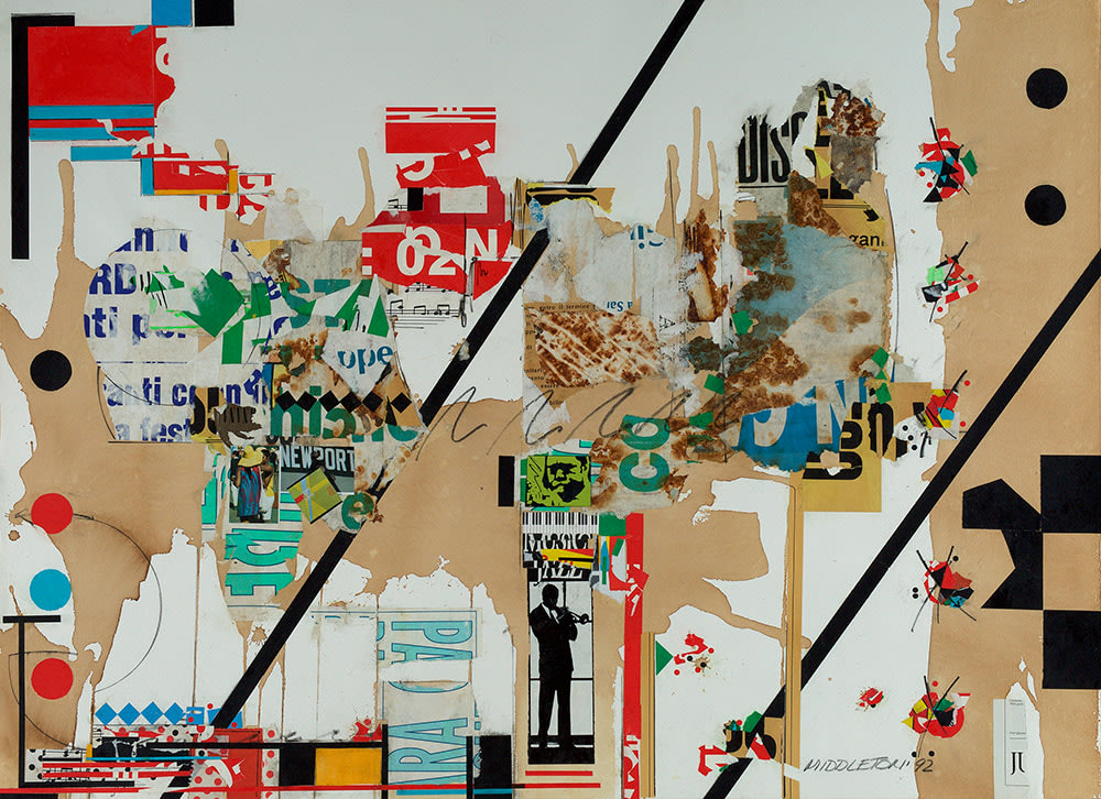 Sam Middleton, Newport, 1992, Mixed media collage, 30 1/2 x 42 inches,Signed and dated lower right, MIDDLETON 92 Titled, numbered, and inscribed on verso, collage with magazine textured torn paper and a white background.  Sam Middleton was one of the leading 20th-century American artists, and is a mixed-media collage artist.