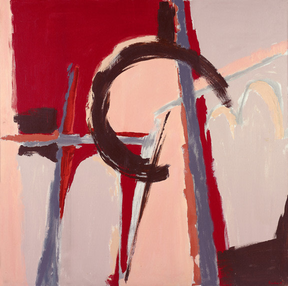Judith Godwin,  Infidel, 1979,  Oil on canvas,  50 x 50 inches, Abstract work with red, light pink and mahogany, Judith Godwin uses the gestural methods and expressive color of abstract expressionism to convey her responses to life and nature.