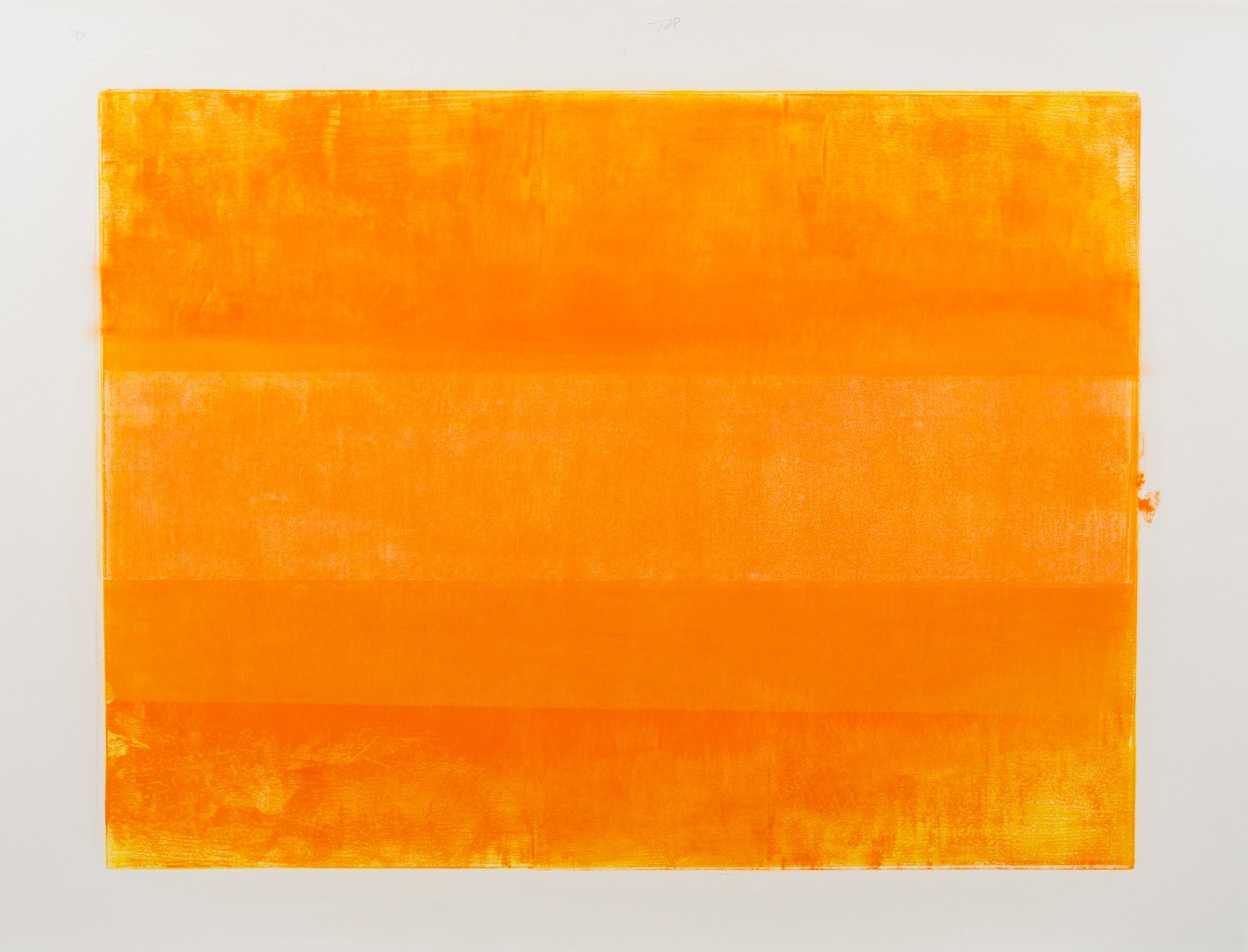 Felrath Hines, Untitled, 1981,  Monotype, 18 x 24 inches. Bright orange vertical rectangles.  Felrath Hines worked to create universal visual idioms from a place of complex personal experience. His figurative and cubist-style artwork morphed into soft-edged organic abstracts as he grappled with hues in his chosen oil medium.