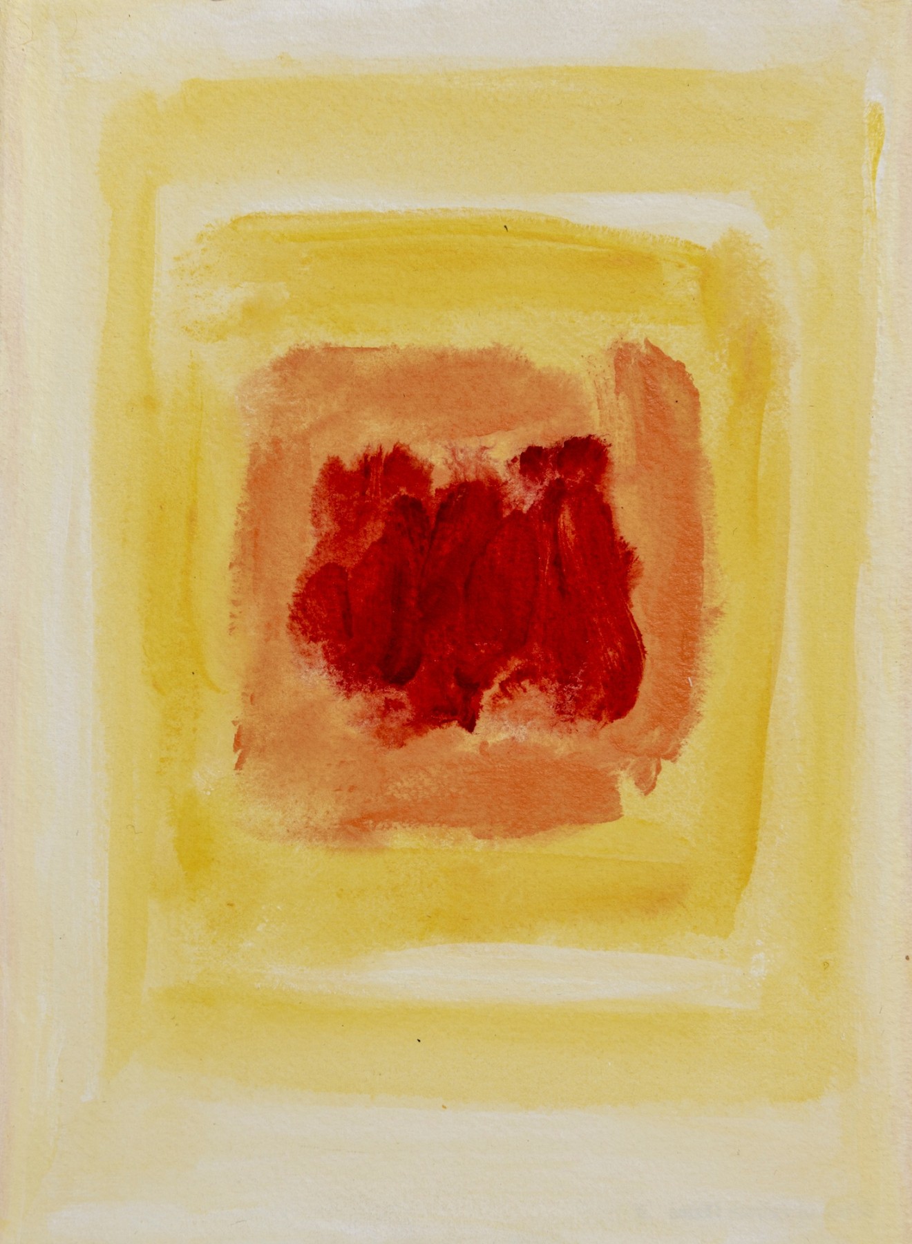 Felrath Hines, Untitled,  Watercolor on paper, 7 x 5 inches,  Unsigned. Pastel yellow, yellow and red painterly rectangles on vertical paper. Felrath Hines worked to create universal visual idioms from a place of complex personal experience. His figurative and cubist-style artwork morphed into soft-edged organic abstracts as he grappled with hues in his chosen oil medium.