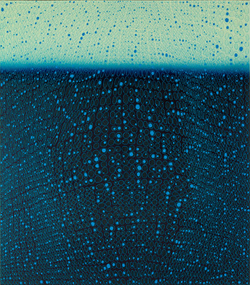 Teo Gonzalez, Arch/Horizon Painting 3, 2015, Acrylic on canvas over board, 48 x 42 inches. Teal and navy blue background with signature grid on top. Teo Gonzalez was born in Spain, and his signature style are works that consist of thousands of drops of water, arranged into a grid pattern, inside of which a small amount of ink or enamel was dropped and left to dry.
