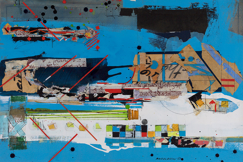 Sam Middleton, Concerto, 1983  Mixed Media on paper  20 x 30 inches  Signed and dated lower right. Abstract work with geometric squares, angled lines and spheres. Sam Middleton was one of the leading 20th-century American artists, and is a mixed-media collage artist.