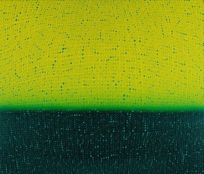 Teo Gonzalez, Arch/Horizon Painting 5, 2016, Acrylic on canvas over board, 36 x 42 inches. Lime green and dark green background with signature grid on top. Teo Gonzalez was born in Spain, and his signature style are works that consist of thousands of drops of water, arranged into a grid pattern, inside of which a small amount of ink or enamel was dropped and left to dry.