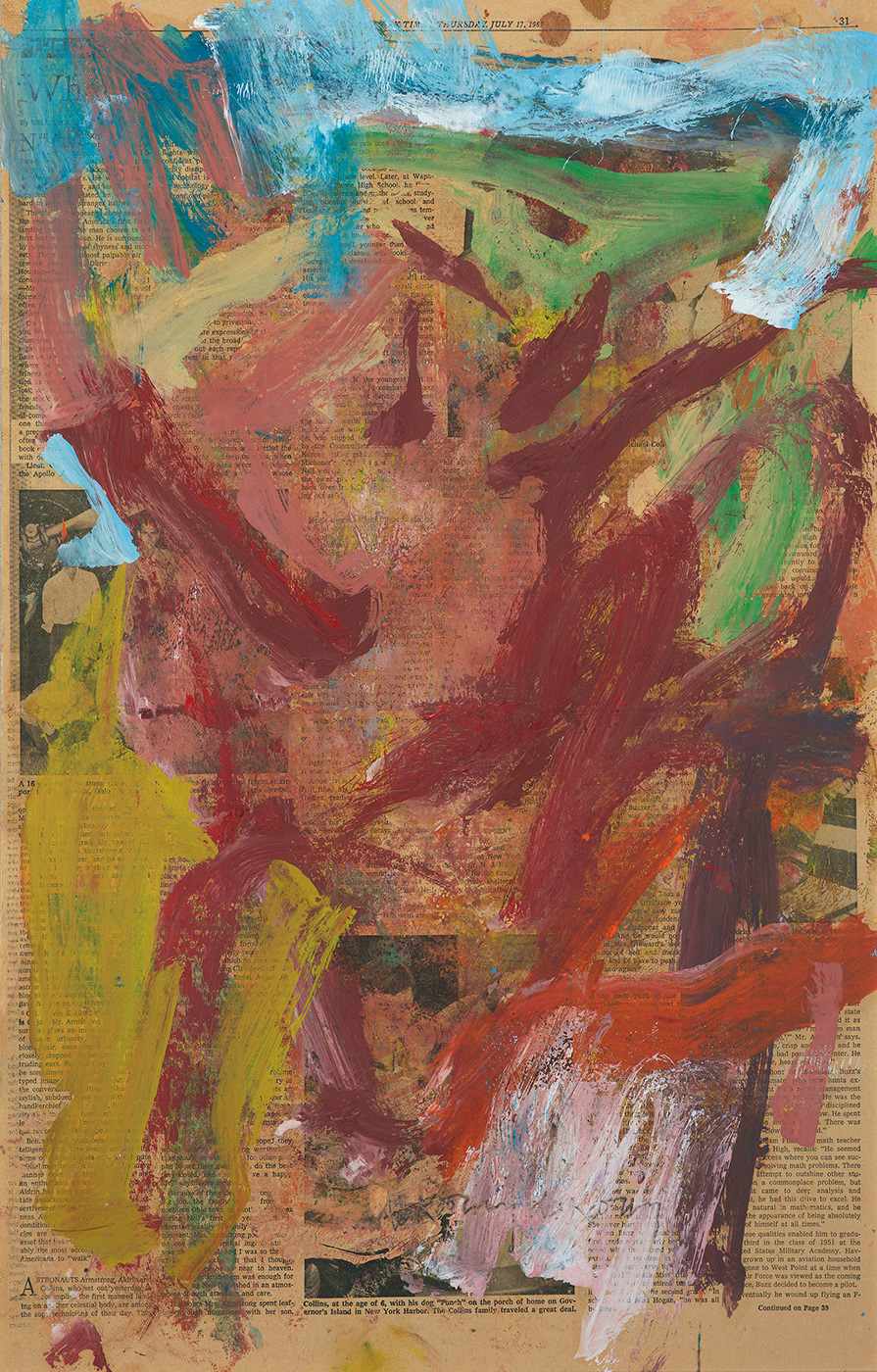 Willem de Kooning, Thursday July 17, 1969,  Oil on Newspaper,  23 x 14 1/2 inches, Abstract piece with muted color marks over a newspaper page. Willem de Kooning was one of the largest Abstract Expressionist painters who focused on gestural movement, Cubism, Surrealism and Expressionism.