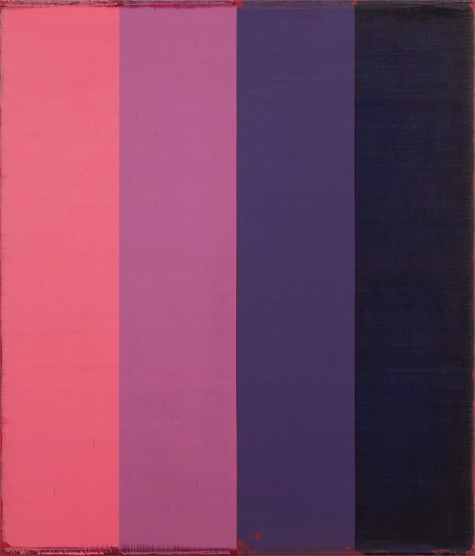 Steven Alexander, Arcade 8, 2018, Oil and acrylic on linen, 42 x 36 inches, Signed and titled on the verso, Vertical rectangles in pink, lilac, purple and navy blue, Steven Alexander is an American artist who makes abstract paintings characterized by luminous color, sensuous surfaces and iconic configurations.