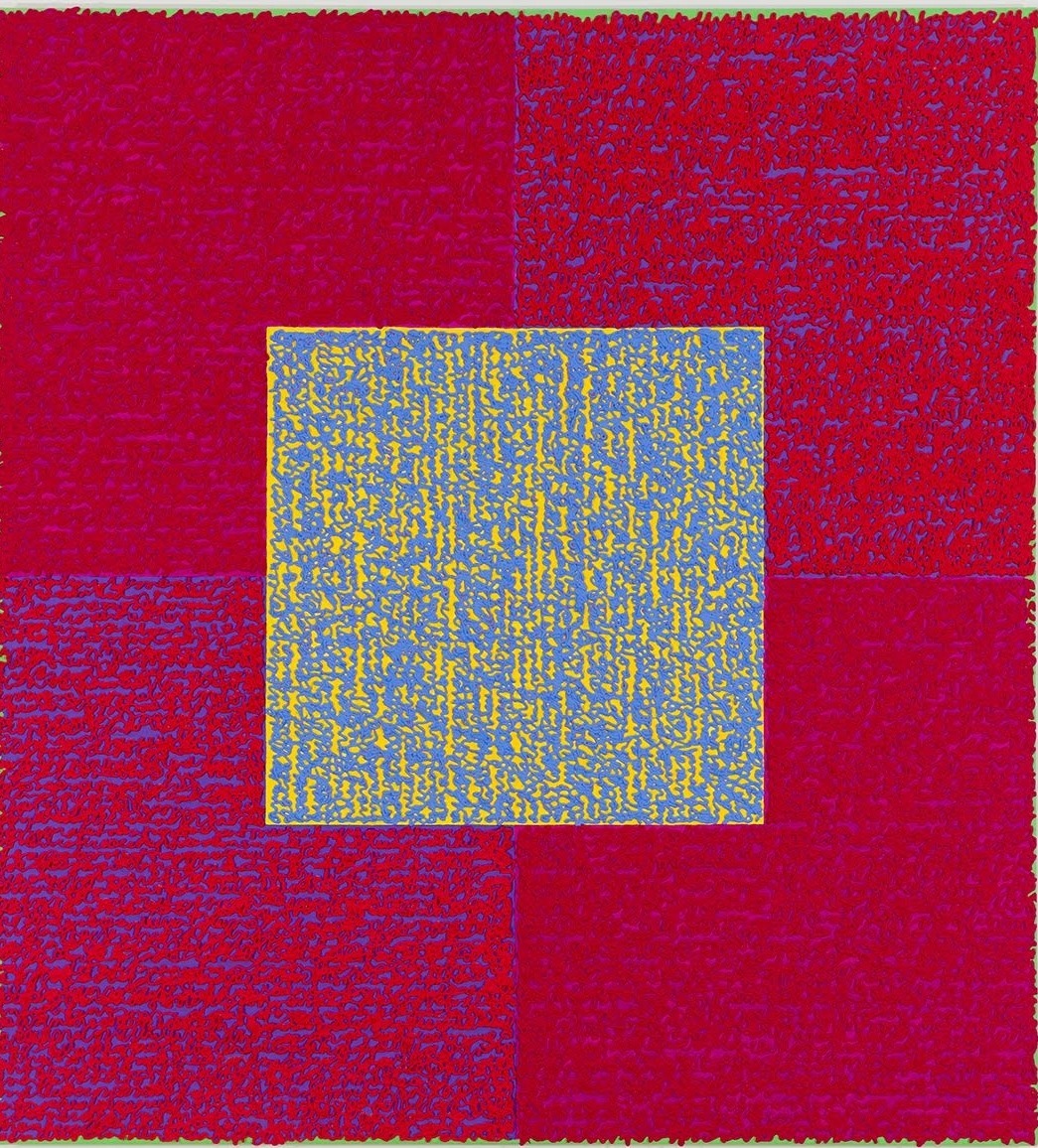 Louise P. Sloane, BURTRYB, 2014, Acrylic paint and pastes on aluminum panel, 50 x 46 inches, signed, titled and dated on the verso, four rectangles and a central square (magenta, and purple) with personal text written over the squares in pink and blue to create three dimensional texture. Louise P. Sloane has been creating abstract paintings since 1974, embracing minimalist techniques and the beauty of color and texture.