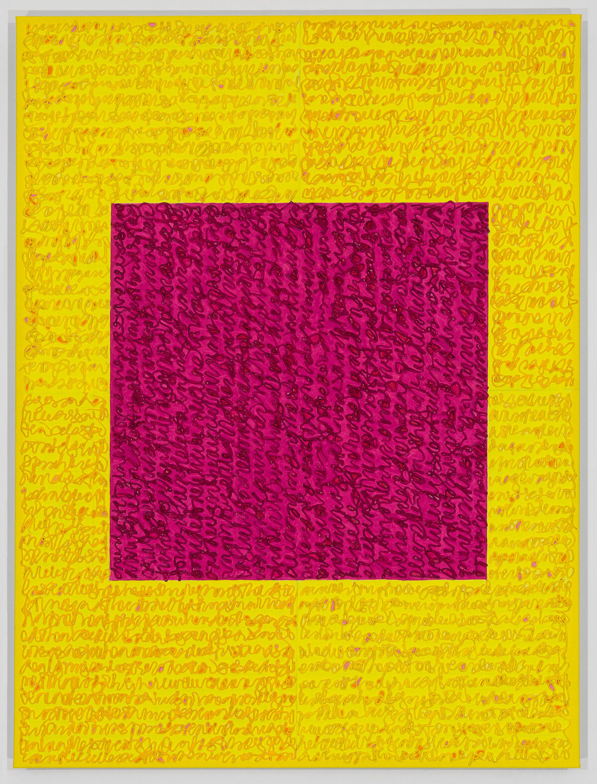 Louise P. Solane, Celeste, 2018, Acrylic paint and pastes on linen, 48 x 36 in., Signed, titled and dated on verso. four rectangles and a central square (yellow and pink) with personal text written in red-orange over the squares to create three dimensional texture. Louise P. Sloane has been creating abstract paintings since 1974. Her works focus on geometric forms while celebrating color and texture.
