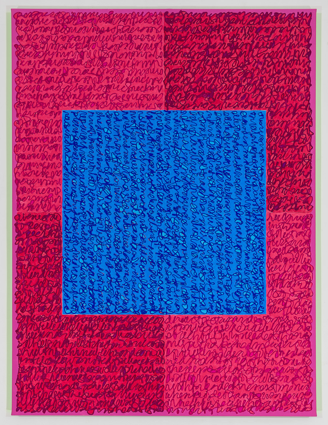 Louise P. Sloane, Labor Day, 2018, Acrylic paint and pastes on linen, 48 x 36 inches, Signed, titled and dated on the verso, four rectangles and a central square (different shades of pink with blue) and personal text written over the squares to create three dimensional texture. Louise P. Sloane has been creating abstract paintings since 1974.