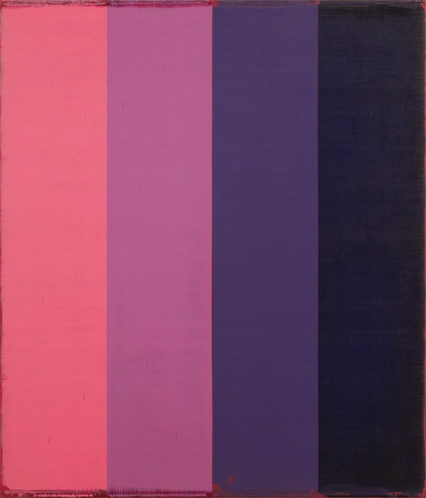 Steven Alexander, Arcade 8, 2018, Oil and acrylic on linen, 42 x 36 inches, Signed and titled on the verso, Vertical rectangles in pink, lilac, purple and navy blue, Steven Alexander is an American artist who makes abstract paintings characterized by luminous color, sensuous surfaces and iconic configurations.