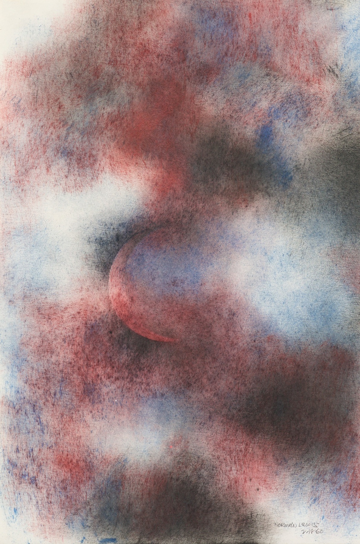 Norman Lewis Composition with Moon , 1960, Mixed Media on Paper, 23-1/4 x 27-1/2 inches, Signed and dated lower left 2-18-60, Abstract sky with crescent moon and black, blue and red cloud like marks, Norman Lewis was a vital member of the first generation of abstract expressionists. He was the sole African American artist of his generation and his art derived from his interests in music and equality issues.