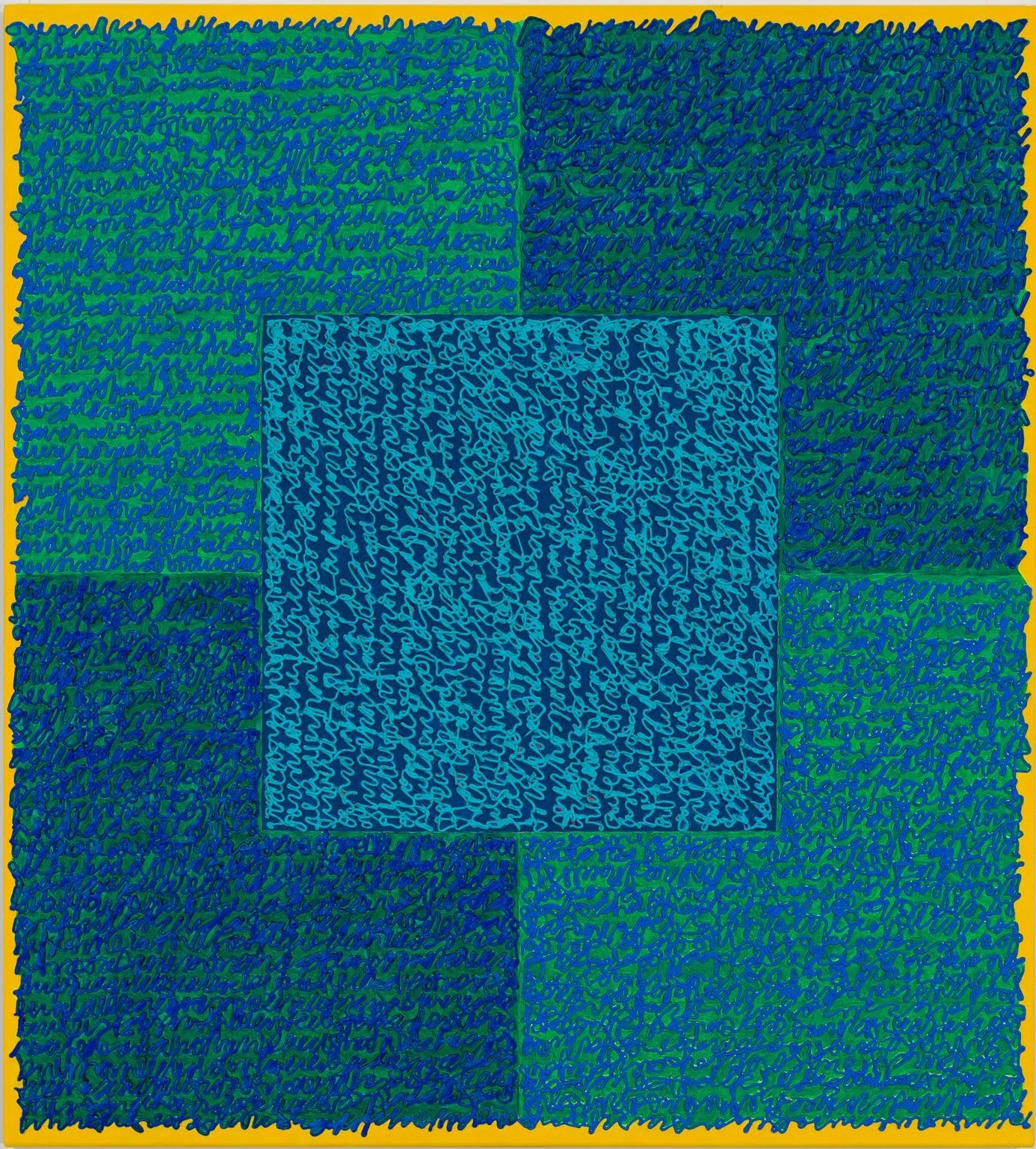 Louise P. Sloane, Fated 7, 2016, Acrylic paint and pastes on aluminum panel, 40 x 36 inches, signed, titled and dated on the verso, four rectangles and a central square (teal, blue, and yellow edges) with personal text written over the squares in blue to create three dimensional texture. Louise P. Sloane has been creating abstract paintings since 1974.