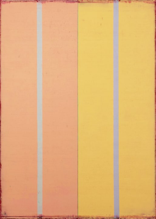 Steven Alexander,  VOICE 2, 2015, Oil &amp; acrylic on canvas, 42 x 30 inches, Vertical rectangles, peach and yellow with rough edges, Steven Alexander is an American artist who makes abstract paintings characterized by luminous color, sensuous surfaces and iconic configurations.