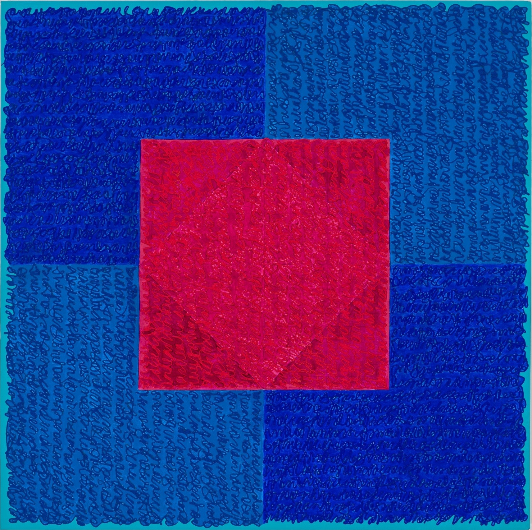 Louise P. Sloane, BB Red Square, 2018, Acrylic paint and pastes on linen, 42 x 42 inches, SOLD, Signed, titled and dated on the verso, four rectangles and a central square (different shades of blue with red) and personal text written over the squares to create three dimensional texture. Louise P. Sloane has been creating abstract paintings since 1974.